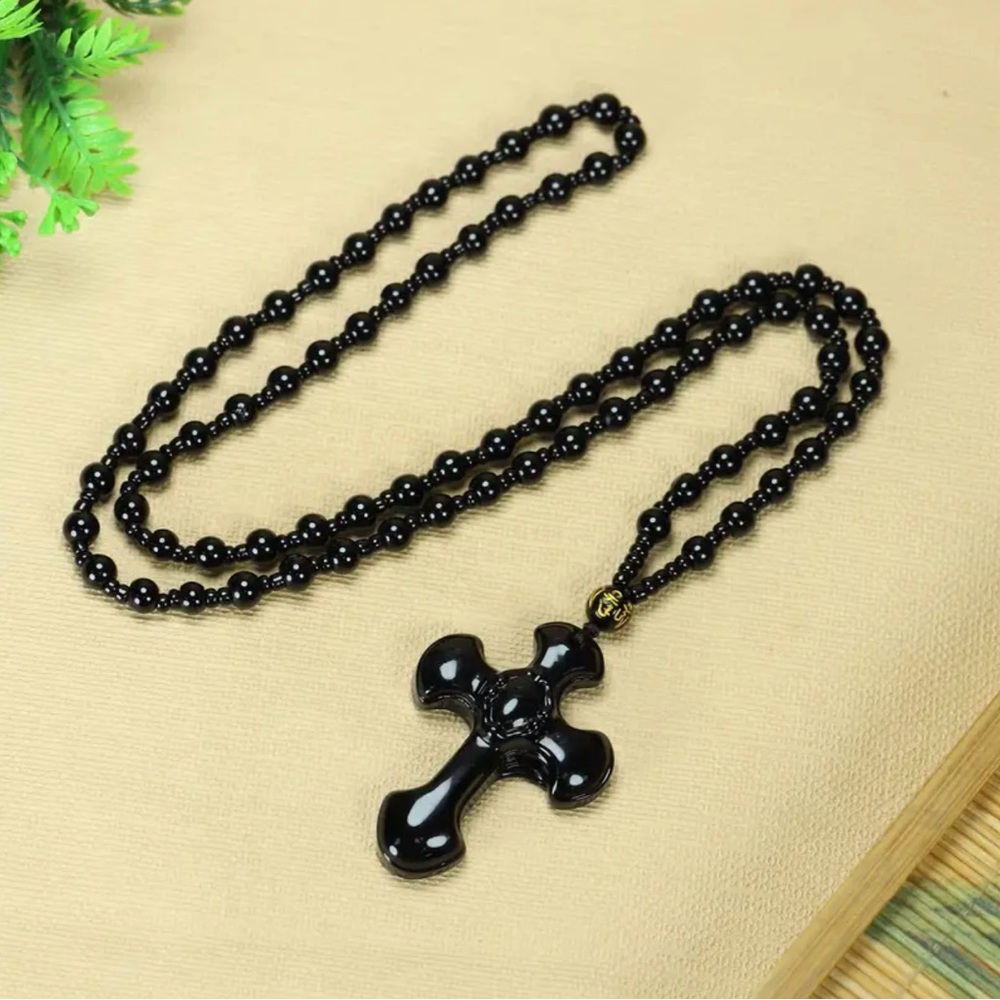 1pc Black Religious Christian Cross Fashion Obsidian Style Pendant Necklace - Picture 15 of 15